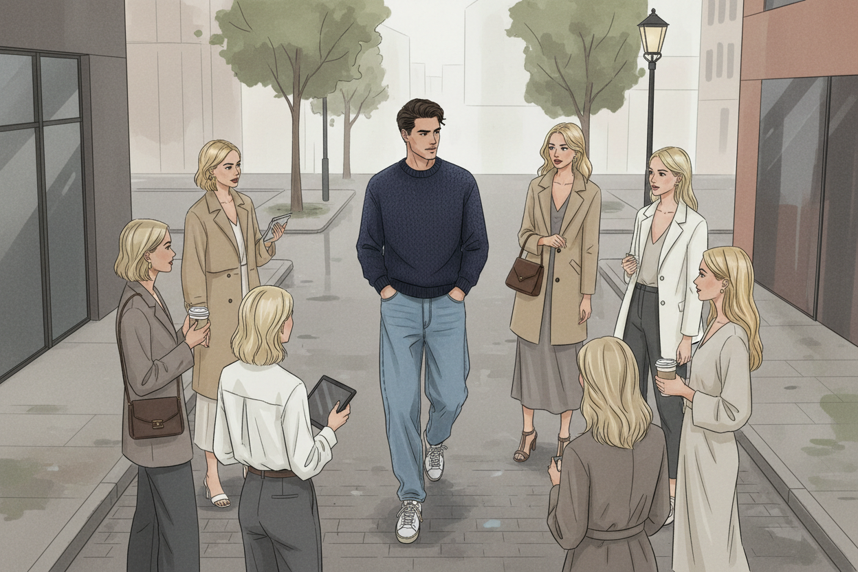 er sollte eine jeansfarbene baggy (straight) jeans tragen und dazu vl. noch golden goose und die girls sollten alle im sweden style gekleidet sein und es sollte nicht soo gut sichtbar sein: (ich will das bild vl. bisschen von oben haben (das ich von oben auf die situation drauf sehen (wie der typ durch die straße geht und die girls sehen ihn an.